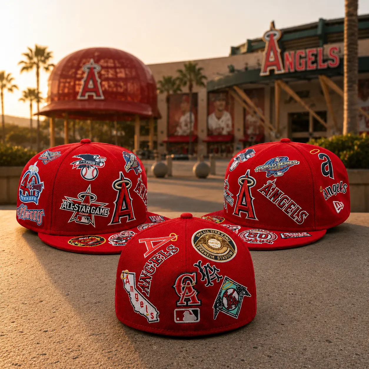 Los Angeles Angels New Era All Over Patch 59FIFTY Fitted Hat – Red Flat Brim Baseball Cap, Premium Embroidered Collector Edition