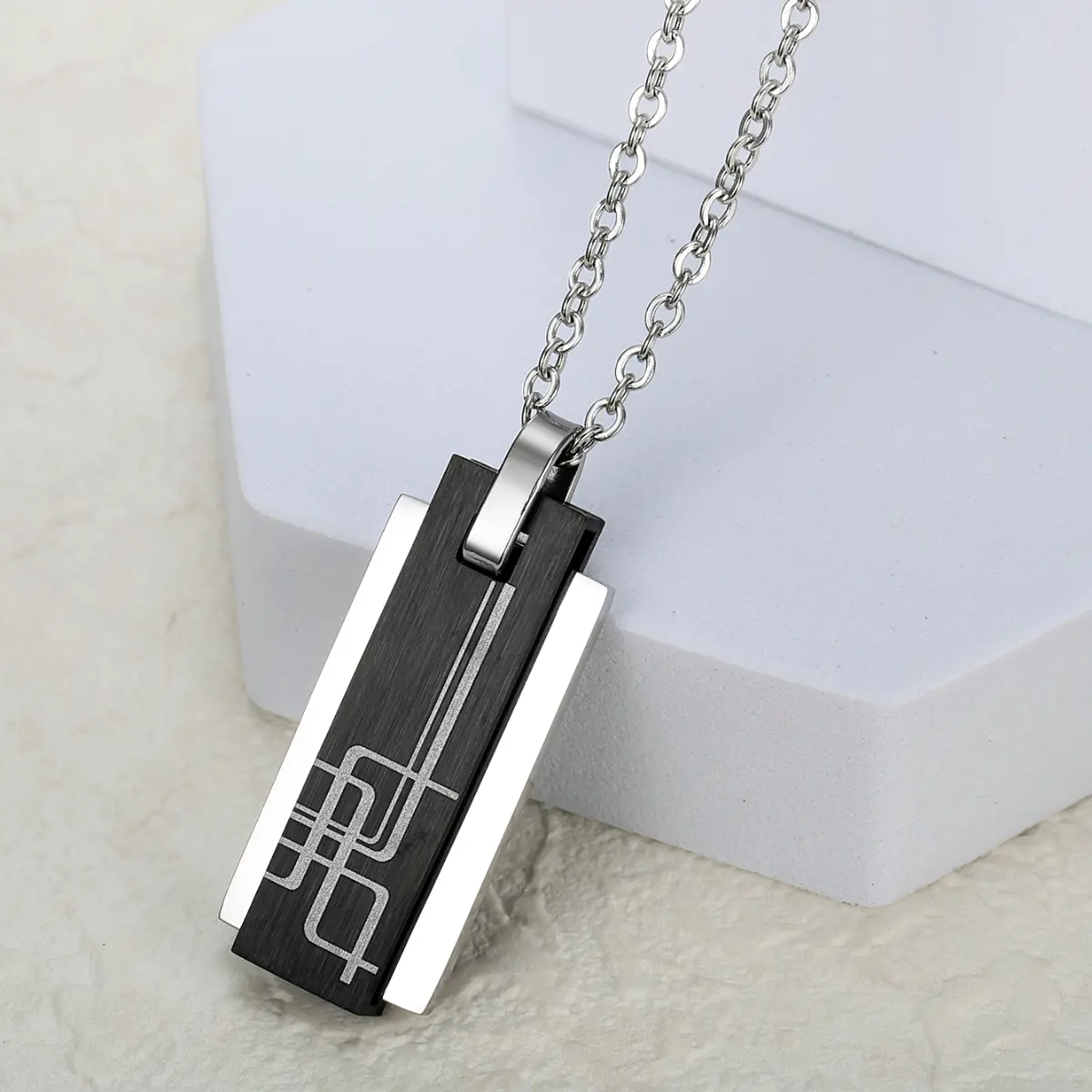 Men's Minimalist Chain Necklace, Modern Stainless Steel Jewelry with a Black Geometric Square Pendant, Versatile Fashion Accessory, Steel Chain Necklace