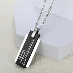 Men's Minimalist Chain Necklace - Stainless Steel Fashion Accessory, Classic Black Geometric Square Custom Pendant, Modern Versatile Costume Jewelry