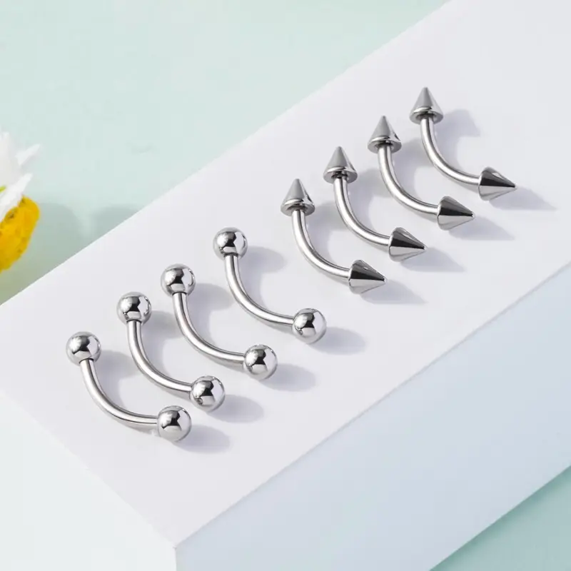 OUFER Unisex Basic 8-Piece 16G Stainless Steel Balls & Spikes Piercing Curved Barbell Set - 8mm/10mm Body Jewelry for Rook/Eyebrow Daily Wear