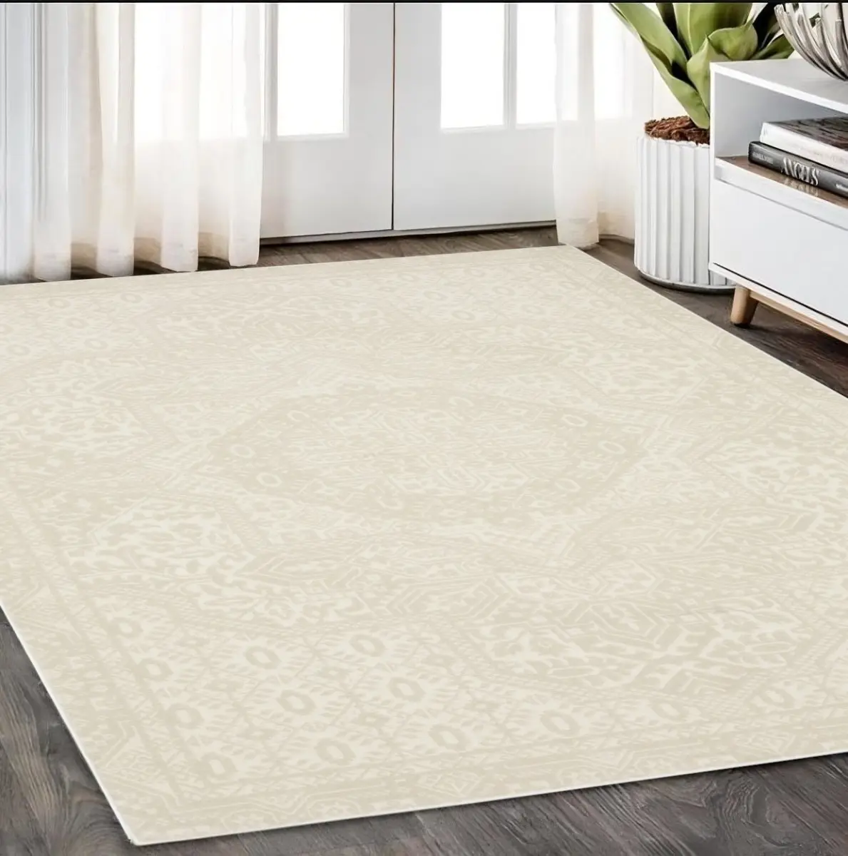 5 x 8 ft. Medallion Rectangle Area Rug - 360 Stand, Ivory & Beige Neutral Tones, Powerloomed Machine-Made, Stainproof Transitional Home Decor, Textured Decorative Rug Mat for Bedroom Use, Home Decor Rug