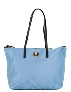 Pre-owned VERSACE Nylon/Calf Leather Tote Bags Portuna Medusa Medium Cornflower Blue Nylon Leather Tote Bag Women's Purse