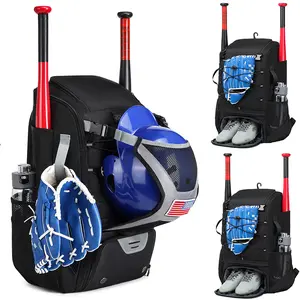 Large Baseball Backpack With Helmet Holder, 2 Bat Sleeves & Separate Shoe Compartment, Multifunctional Softball Gear Bag For Youth Adult, Waterproof Sports Equipment Bag With Dry Wet Pocket & Hidden Net Bag