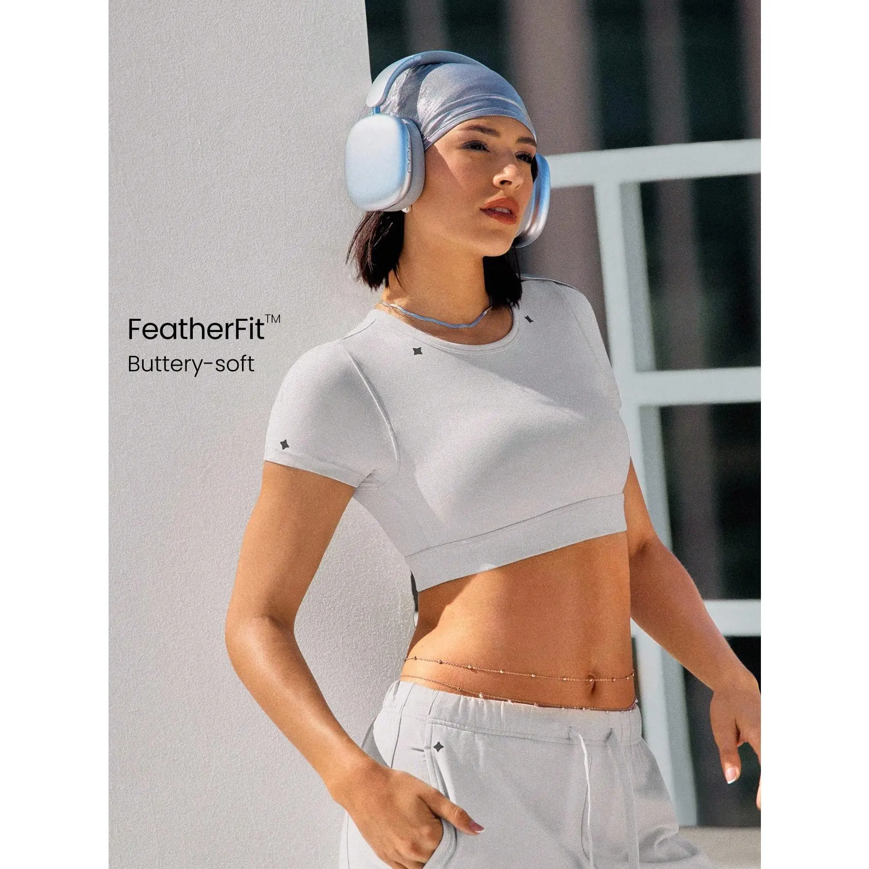 GLOWMODE FeatherFit™ Glow Ahead Buttery-Soft Sweat-Wicking Stretchy Reflective Collar Short Sleeve Crop Tee Low Impact Dancing Yoga Pilates Barre Studio Daily Casual Wear