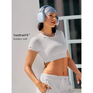 GLOWMODE FeatherFit™ Glow Ahead Buttery-Soft Sweat-Wicking Stretchy Reflective Collar Short Sleeve Crop Tee Low Impact Dancing Yoga Pilates Barre Studio Daily Casual Wear