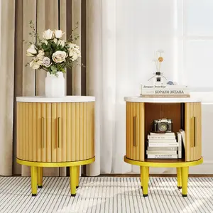 Fluted Nightstand Set of 2, Small Modern Side Table with Faux Marble Top and Metal Handle, Boho Bedside End Table with Sliding Door and Curved Corners for Bedroom,Living Room,
