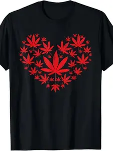 Men'S Funny Leaf and Heart Design 420 T-Shirt| Retro Red and Green Graphic Tee with Pot Plant Print, Comfortable Casual Short Sleeve Shirt for Valentine'S Day, 4/20 Events and Casual Attire - Stoner Gift Apparel