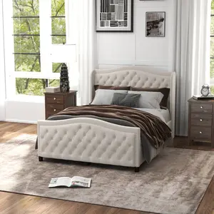 EBELLO Velvet Upholstered Metal Nail Trim Platform Bed with Tufted Headboard and 4 Drawers