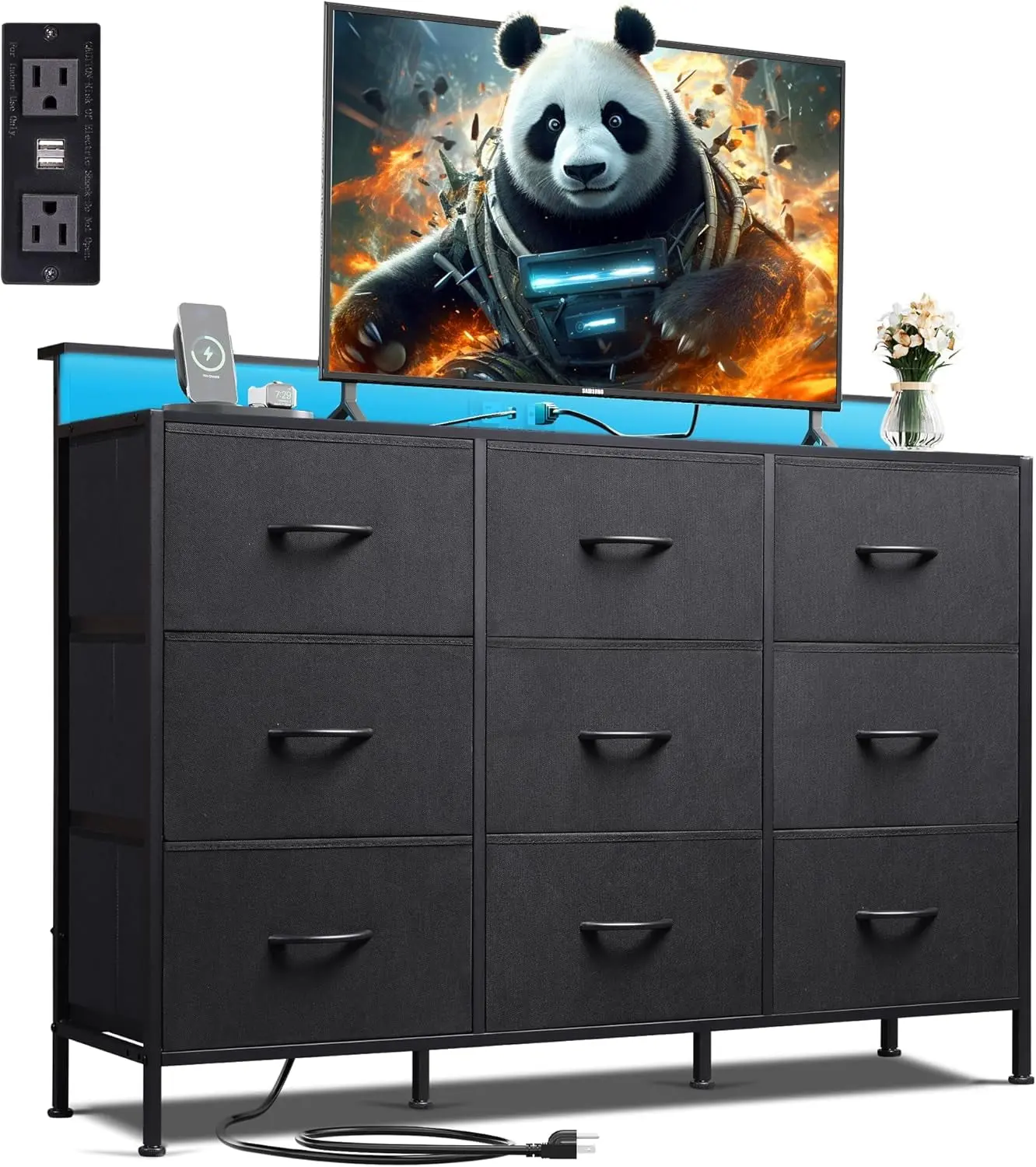 Modern Black Wide Rectangle 9-Fabric-Drawer Cabinet Dresser with RGB LED Lights, Power Outlet Charging Station, Vanity Organizer, Easy-to-Assemble Floor Standing Indoor Entryway Furniture, Assembly Required