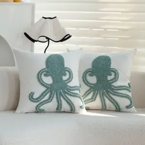 Tufted Octopus Throw Pillow Covers 18x18 Inch Set of 2 Coastal Beach Themed Decorative Pillow Covers for Couch Sofa Bed Tufting Embroidery Textured Sealife Ocean Cushion Covers