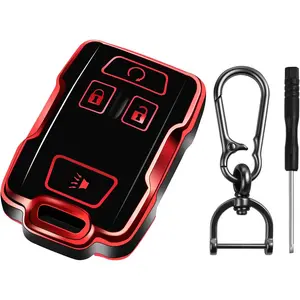 Soft TPU Key Fob Cover with Metal Keychain for Suburban & Chevy 4-Button Remotes Protection Shell Accessories (Red)