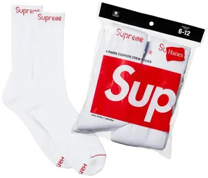 Supreme Hanes Crew Socks (4 Pack) White Everyday Wear Comfortable and Durable Mid Calf Comfy Cozy Fashion Style Socks