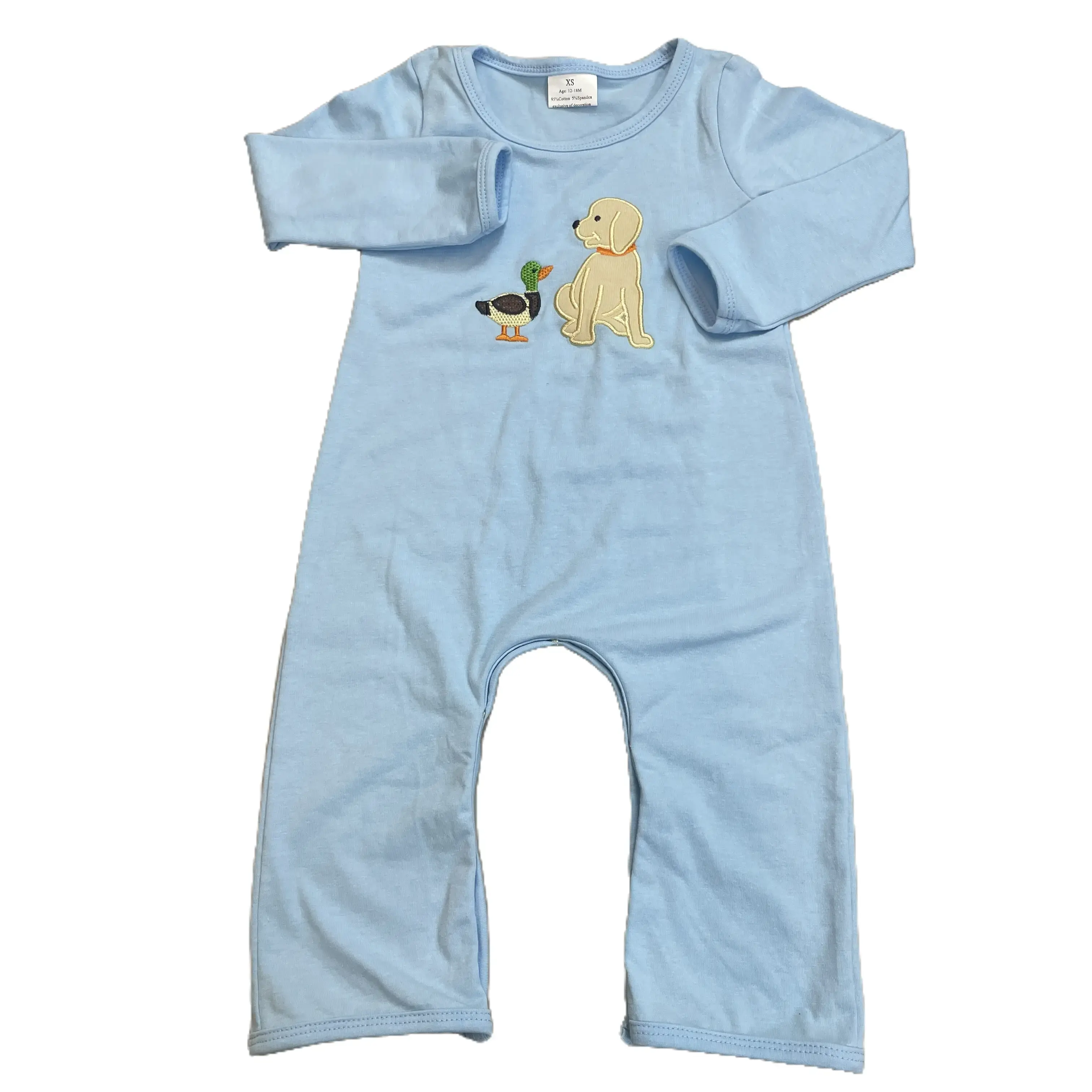 Baby Boy Mallard Duck & Dog Embroidered Applique Romper, Long Sleeve Checkered Cotton Infant Outfit, Newborn Onesies, Mallard Duck Romper, Animal Print Baby Boy's Bodysuits & One Pieces