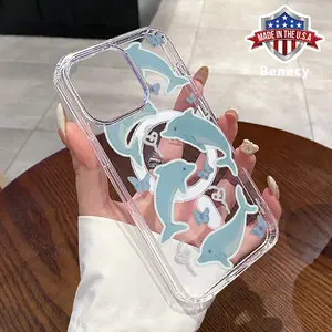 Magnetic Soft Case for iPhone 15 16 14 Pro Max 13 12 11 XR XS Plus E Dolphin With Butterfly Pattern Anti-Yellowing Shockproof ultra-thin Silicone Crystal Transparent Acrylic Large Hole Cover Supports Wireless Charging