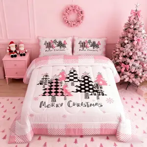 Feelyou Multi-Size Christmas Comforter Set with Pillows - Pink Plaid Christmas Trees Digital Print, Cartoon Style, Breathable Microfiber, Soft Texture, All-Season Duvet for Kids, Santa Claus Bedroom Decor (No Sheets) [Multi-Size Sets]