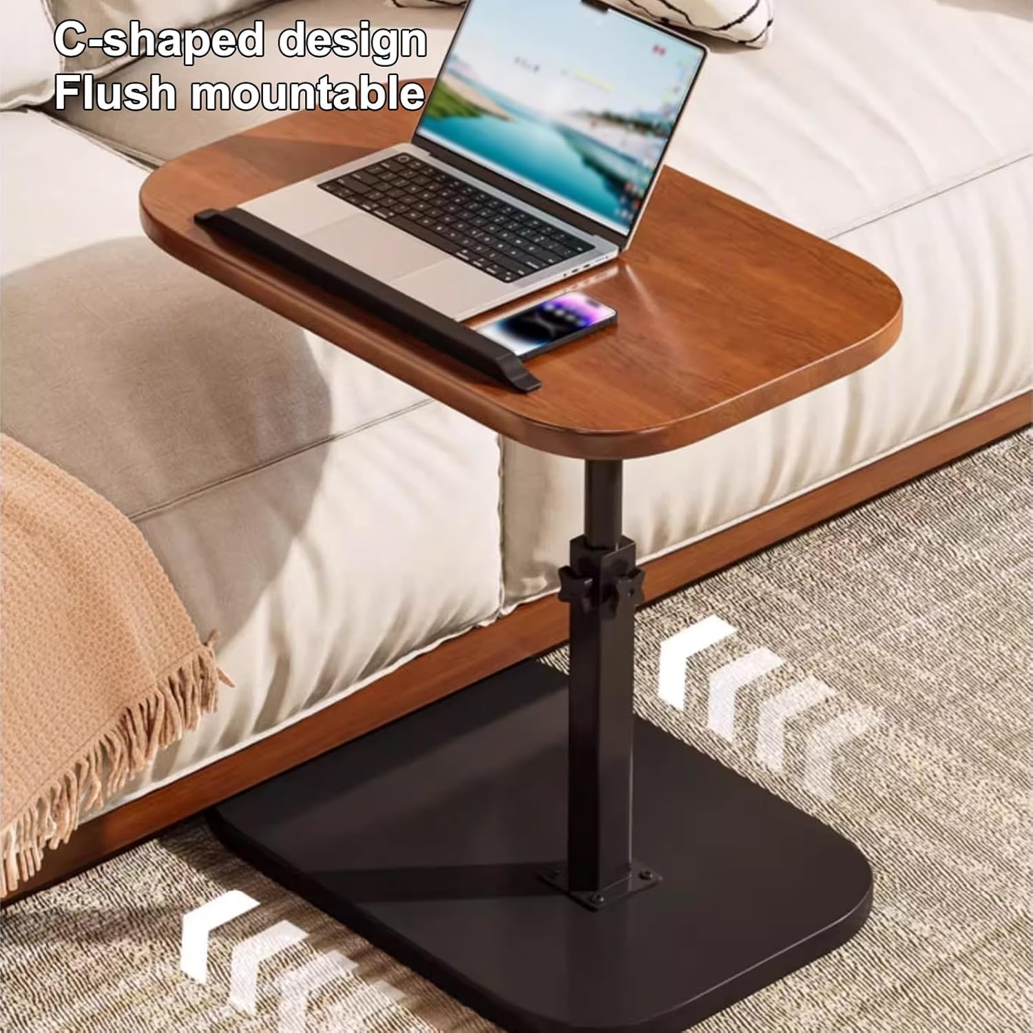 Adjustable Height C Shaped Side Table - 360° Swivel & Flip Top Design | Mobile C End Table for Couch/Sofa/Bed | Large Tabletop C Shaped Laptop Stand & Coffee Table with Slide-Under Feature