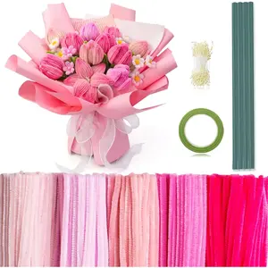371 Pcs Pipe Cleaners Flowers Kit, Chenille Stems Bulk with Floral Wire Gardening Tape Stamen, Fluffy Limpiapipas para Flores for DIY Mother's Day Decor(Pink)