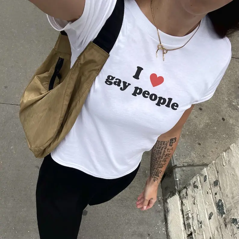 I Love Gay People Crop Top, y2k aesthetic, retro 90s fashion graphic tshirt, ally shirt, LGBTQ funny pride baby tee, bi baddie, lesbian