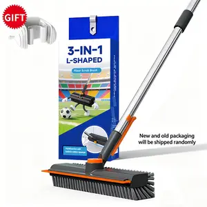 3-in-1 Floor Scrub Bathtub Brush with Long Handle， Bristle Scraper Broom & Water Broom - Household Cleaning Supply with Long Handle, Adjustable Height, Rotating Head, Scrubber-Squeegee Combo for Interior Home Bathroom Use