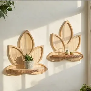 Wall Mounted Wooden Shelf, Lotus Shape Candle Holder, Multi-Purpose Storage Rack, Decorative Wall Organizer, Home Décor Accessory