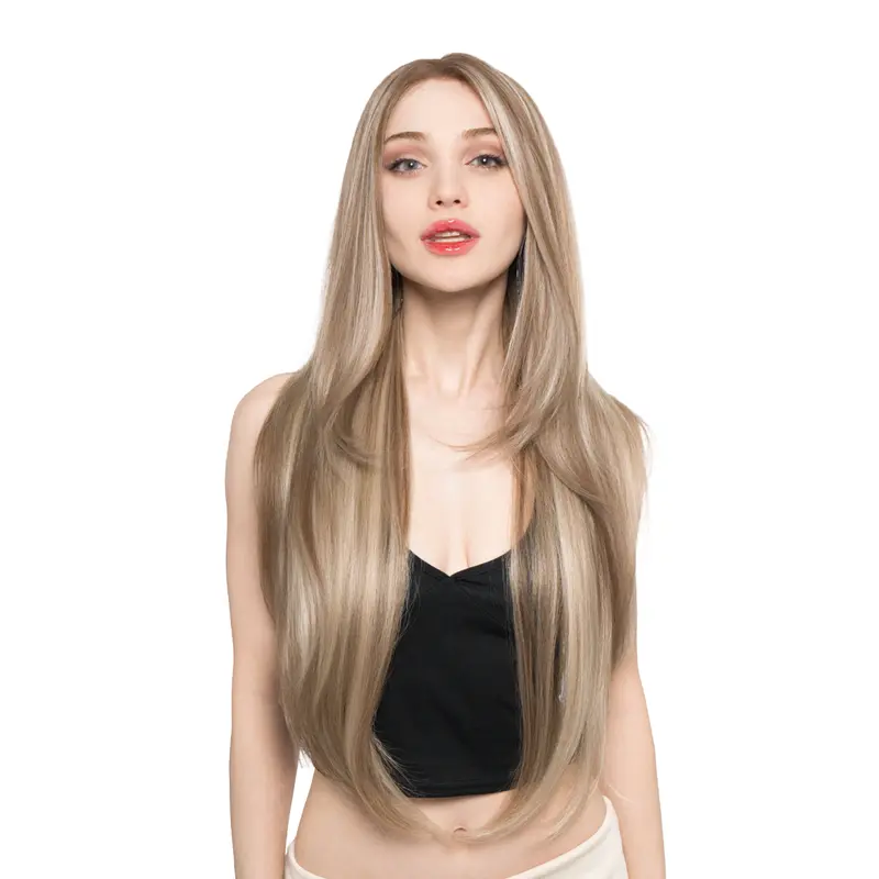 'VENUS' Unisex 29-Inch Light Neutral Brown (Platinum Blonde Mix) Layered Straight Upgraded Korean Fiber Blend Synthetic Hair Lace Front Wig, Free-Part Lace, Heat Resistant, Cap Included, Daily Wear, Special Occasions, #51FSGB