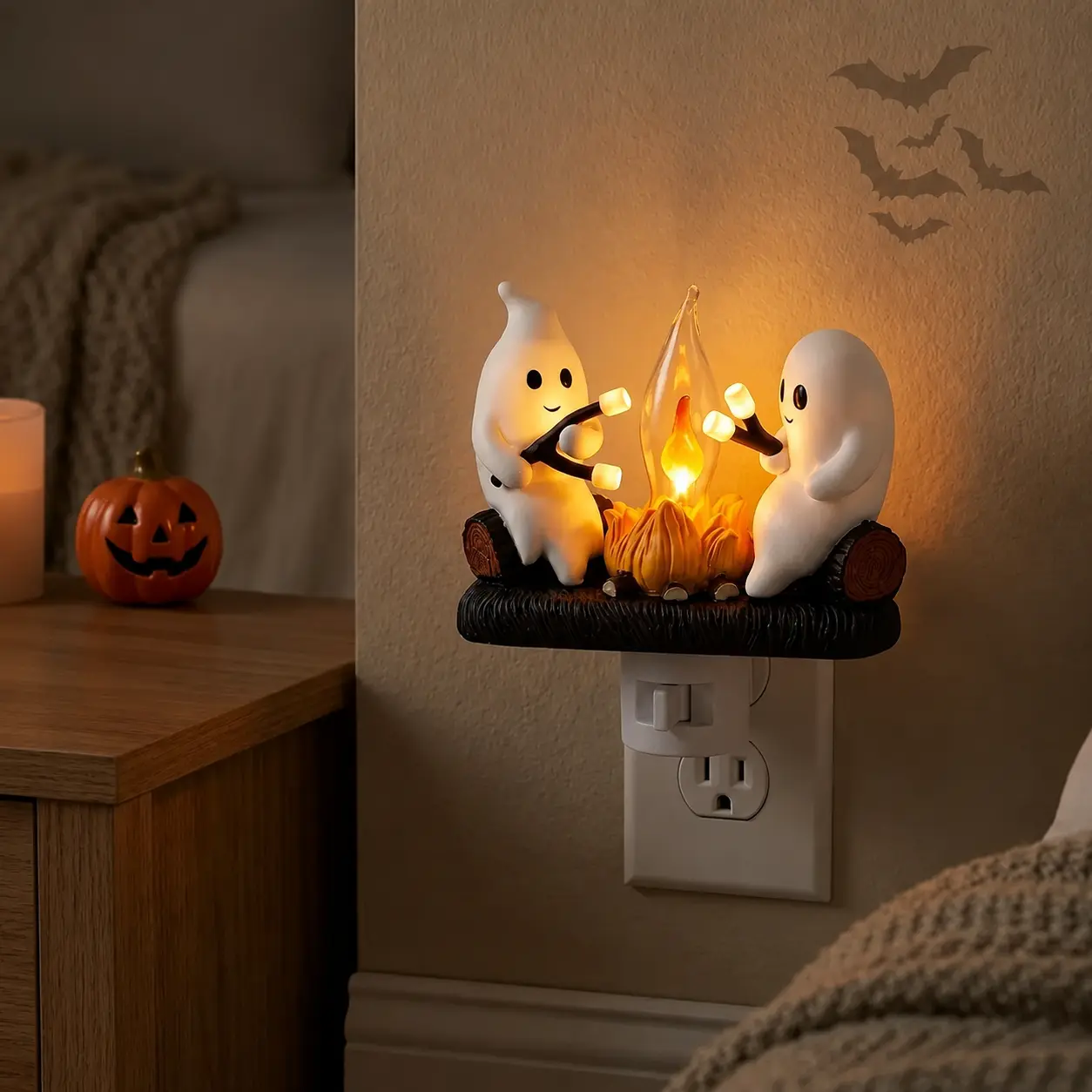 2026 Halloween Ghost Campfire Night Light, 3D LED Flickering Flame Lamp, Realistic Flickering Flame Effect,Funny Halloween Nightlight Indoor Decorations, Spooky Halloween Decor for Bedroom, Living Room & Party, Holiday Gift,Whimsical Room Decor,