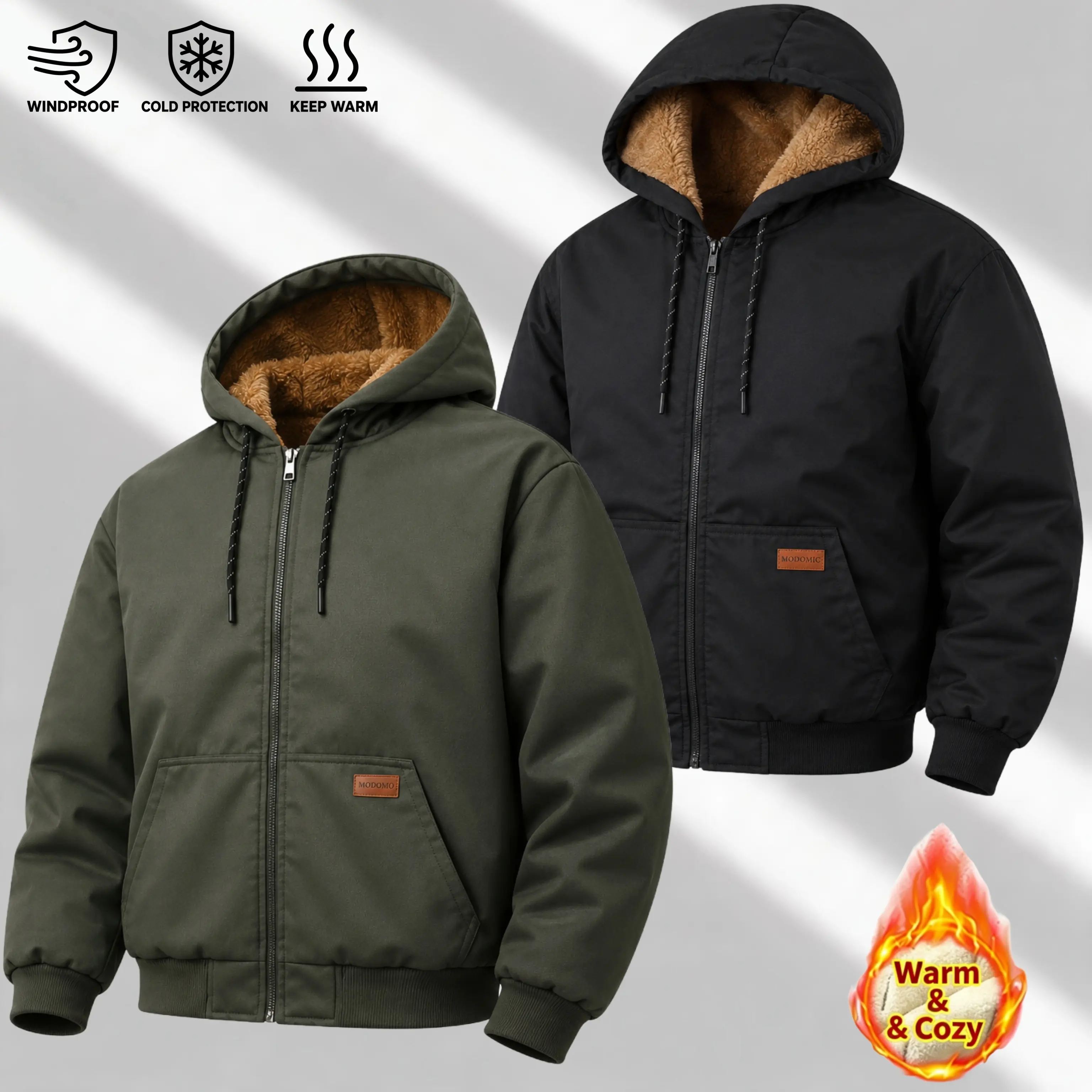 Men’s Fleece-Lined Hooded Winter Coat - Menswear Outerwear with Full Zipper, Windproof Design, Pockets, Plain Stylish Minimalist Look, 3 Colors, Ideal for Cold Weather Everyday Wear