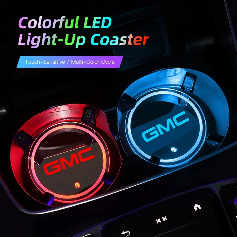 2pcs Car Luminous Water Cup Pad LED Atmosphere Light Car Accessory For GMC Terrain Sierra Canyon Yukon Acadia Savana Denali AT4 Granite Car Interior Accessories Automotive Interior Accessories