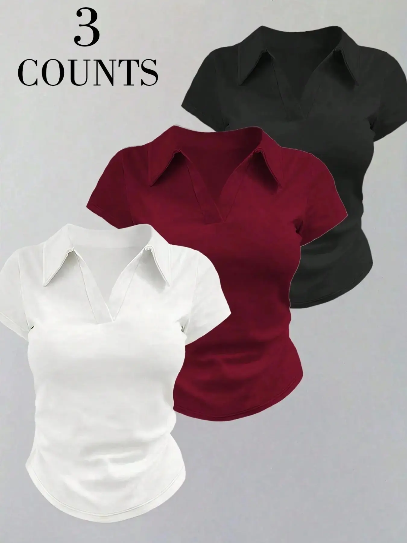 3 Pack Women's Basic Collared V-Neck Slim Fit T-Shirts, Short Sleeve Fitted Tees, Y2K Trendy Ruched Blouses, Soft Stretchy Casual Shirts, Top for Daily Wear, Casual Daily Tops