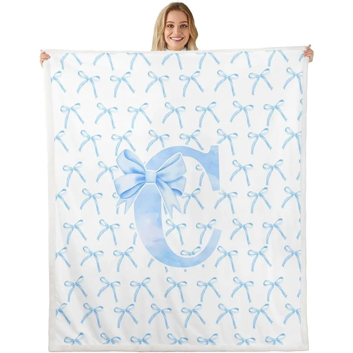 Cartoon Bowknot Kids Throw Blanket,Blue Bow Tie Letter C Knot Princess Girls Women Bed Blanket,Watercolor Bow Patchwork Blue White Fuzzy Blanket, es