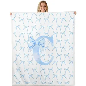 Cartoon Bowknot Kids Throw Blanket,Blue Bow Tie Letter C Knot Princess Girls Women Bed Blanket,Watercolor Bow Patchwork Blue White Fuzzy Blanket, es