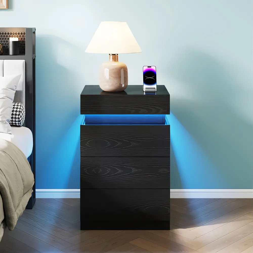 Modern Black Bedroom Chest of Drawers - LED Lighting, 3 Drawers, Bedroom Furniture for Indoor Decor