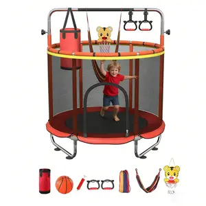 60" Kids Trampoline with Safety Net 500lbs Capacity Indoor Outdoor Toddler Trampoline with Swing Adjustable Gym Bar & Basketball Hoop Fun Active Play for Boys Girls