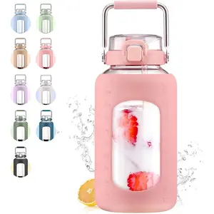 84oz Bottle with Stainless Handle,2.5L Gallon Bottle with 2-IN-1 Straw Lid, Sleeve and Motivational Capacity Marker, Wide Mouth Jug For Gym, Workout, Pink