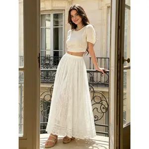 Dreamy White Lace Embroidered Maxi Skirt Ethereal Boho Flowy Skirt | High Waisted S-XL | Perfect for Bridal Shower, Beach Vacation & Photoshoots