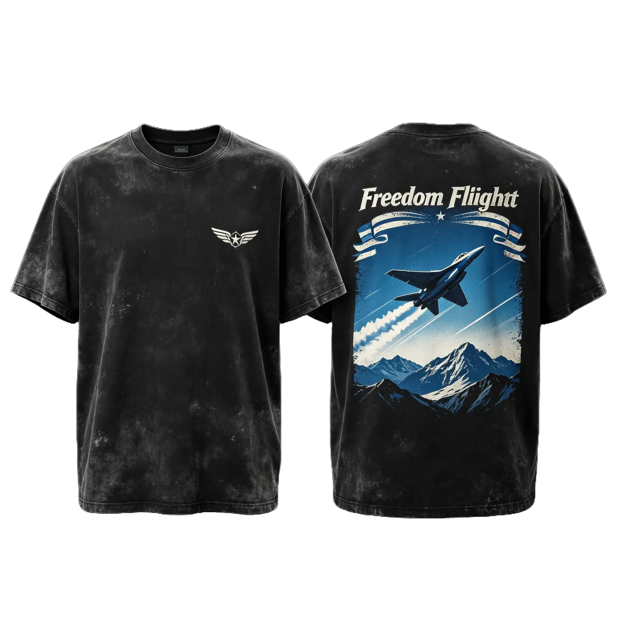 Freedom Flight Shirt, Military Aviation Fighter Jet Air Force fashion wear Oversized Tshirt, Vintage Graphic Tee, Acid Wash Streetwear, Winged Star Chest Crest Front Fighter Jet Flying Over Snowy Mountains Freedom Flight Banner Back Print Graphic Top