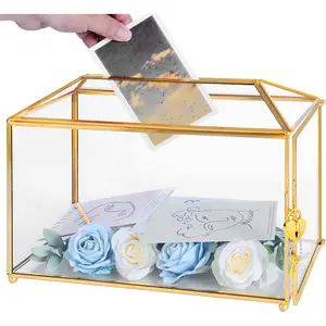 Glass Wedding Card Box with Lock 12.6x5.9x9 inches Large Gold Card Boxes for Wedding Reception Keepsake Display Graduation Party Centerpiece Decorative Box