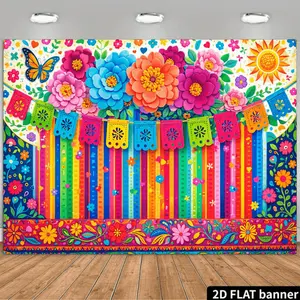 A Colorful Floral Party Backdrop in a Mexican Style on a 2D Plane, Featuring Large, Vibrant Flowers at The Top in Shades of Pink, Blue, Orange, And Purple, with Yellow Centers. Colorful Papel Picado Banners H