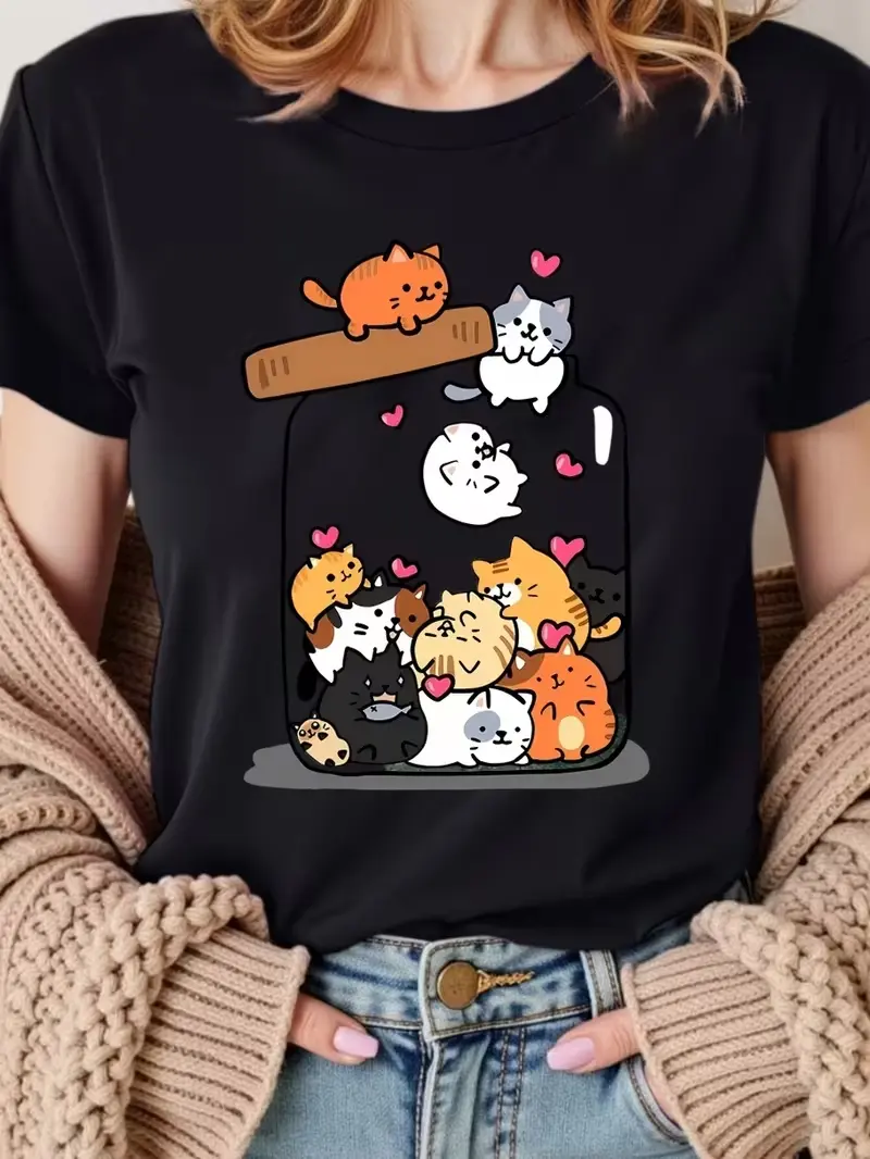 Unisex Kawaii Cartoon Jar Full Of Cute Kittens Pink Hearts Graphic T-Shirt, Cat Mom Cat Lover Casual Short Sleeve Tee