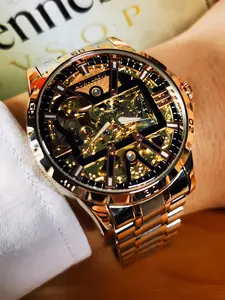 1pc Men's Classic Luxury Skeleton Automatic Mechanical Watch, Luminous Hands Stainless Steel Strap, Fashion Business Wristwatch, Stylish Watch, Skeleton Watches