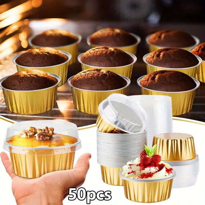 Gold 50pcs 5oz Mini Aluminium Foil Baking Cups with Lids Creme Brulee Cupcake Liners, Desert Cheesecake Pans Flan Molds Tin Cups Containers for Party Favor Birthday