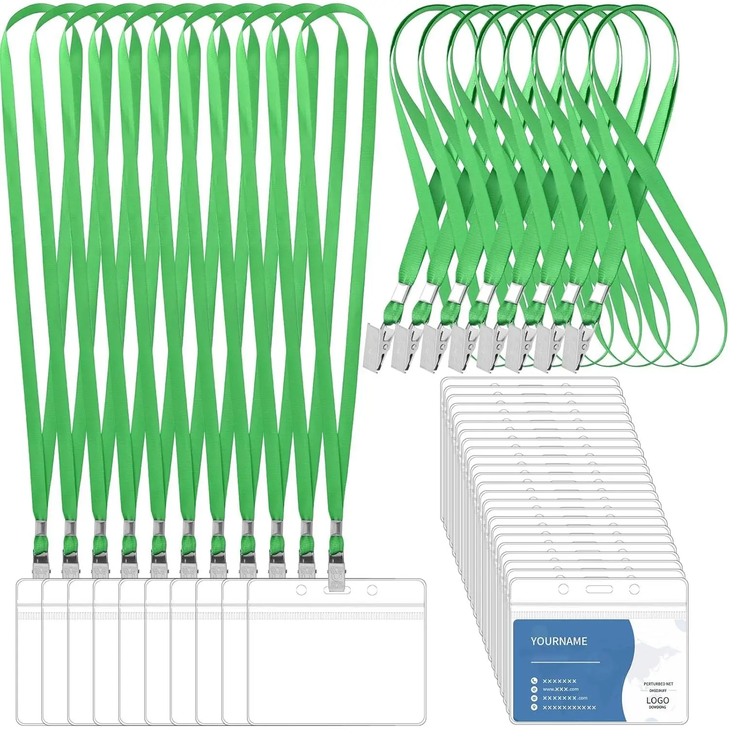 100 count Lanyards for ID Badges and 100 count Clear Name Tag Holders  Lanyard with Clip Plastic ID Card Badge Holder Name Badges for Adults  Business School Office Supplies (Green)