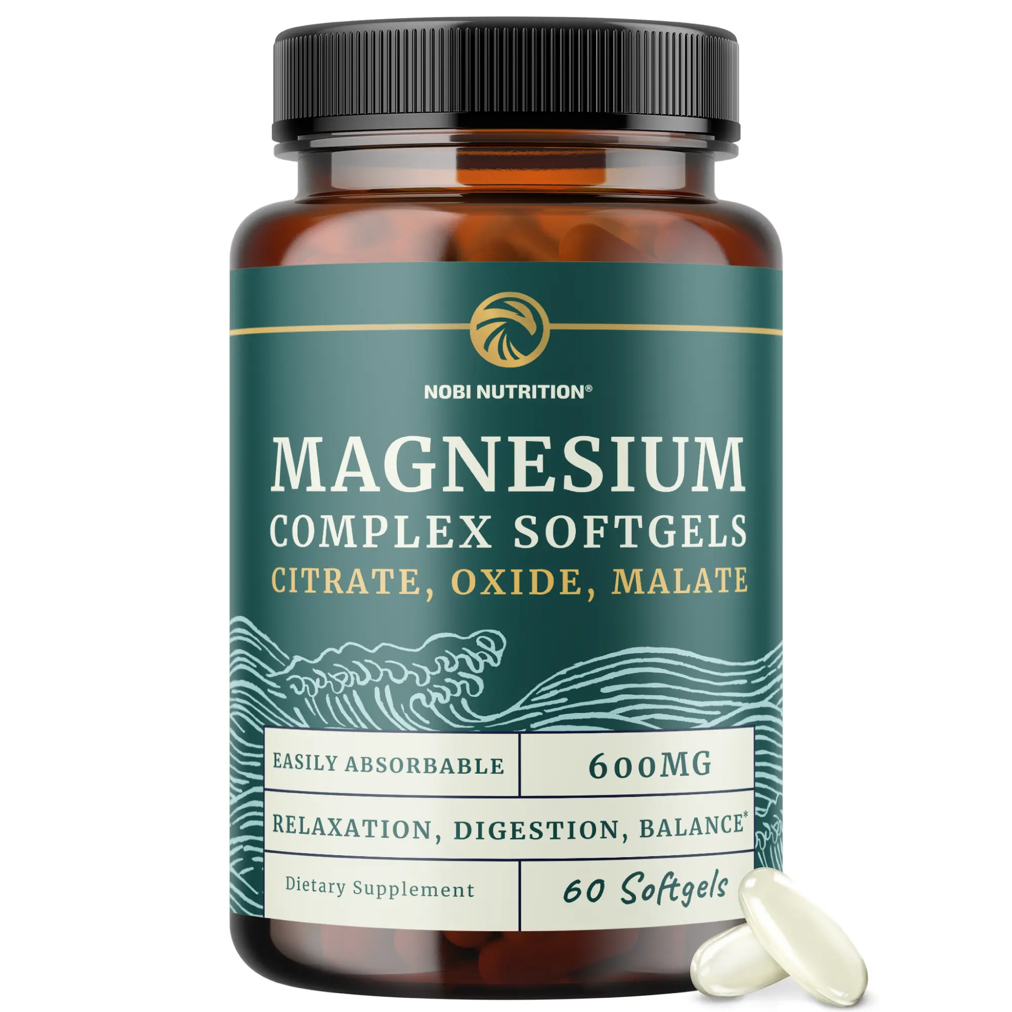 Nobi Nutrition Triple Magnesium Softgels Citrate Malate & Oxide 300mg Complex Highly Absorbable for Digestion Calm Leg Cramps Sleep Support 60 Count