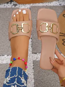 Women's Metal Buckle Slip-On Slippers, Open Toe Slides, Fashion Casual Trendy Flat Shoes, Elegant Summer PU Leather Wide Fit Footwear