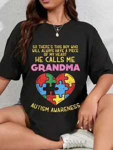100% Cotton Unisex Grandma Autism Awareness Shirt Austistic Boy Piece My Heart Round Neck Short Sleeve T-Shirt Women's Men Graphic Tee
