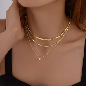 Layered Gold Necklaces for Women, 14k Sterling Silver Plated Pendant Set, Chunky Cuban Chain Choker with Birthstone Jewelry