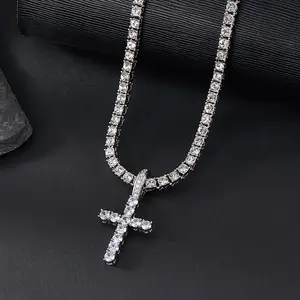 Y2k 2024 Hip Hop Luxury Rhinestone Criss Necklace, Unisex Cuban Link Chain Necklace, Spring Iced Out Jewelry, Streetwear Punk Accessories for Girlfriend Fall Cross Pendant Necklace Stainless Steel Jesus Cross Necklace