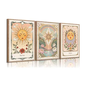 3pcs/set Sun And Moon Celestial Canvas wall art Tarot Astrology Paintings Pictures Wall Decor Boho Lotus Floral Posters Prints Artwork for Living Room Bedroom Dorm Apartment Home Decoration Unframed