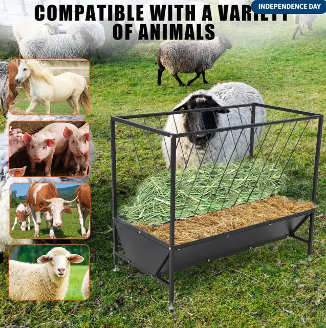 Heavy Duty 2-in-1 Hay and Grain Feeder Trough – 30 Gallon Black Steel Livestock Feeder – Sturdy, Powder Coated – Perfect for Calves, Sheep, Horses, Goats – For Farm and Pasture Use