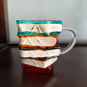 Hand-Painted Stacked Book Mug, High Borosilicate Glass Coffee Cup 300ML, Heat-Resistant, Unique Artistic Style, Home Use